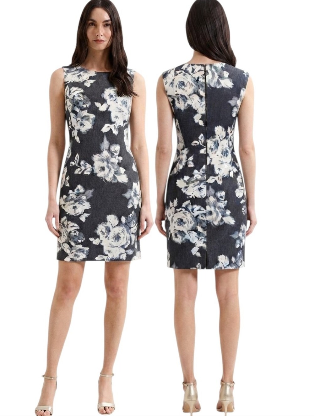 PHASE EIGHT Evelyn Rose Floral Print Denim Pencil Dress - Size 8 US, 12 UK